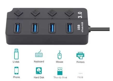 USB 3.0 концентратор на 4 порти Чорний USB-хаб HUB з вимикачами