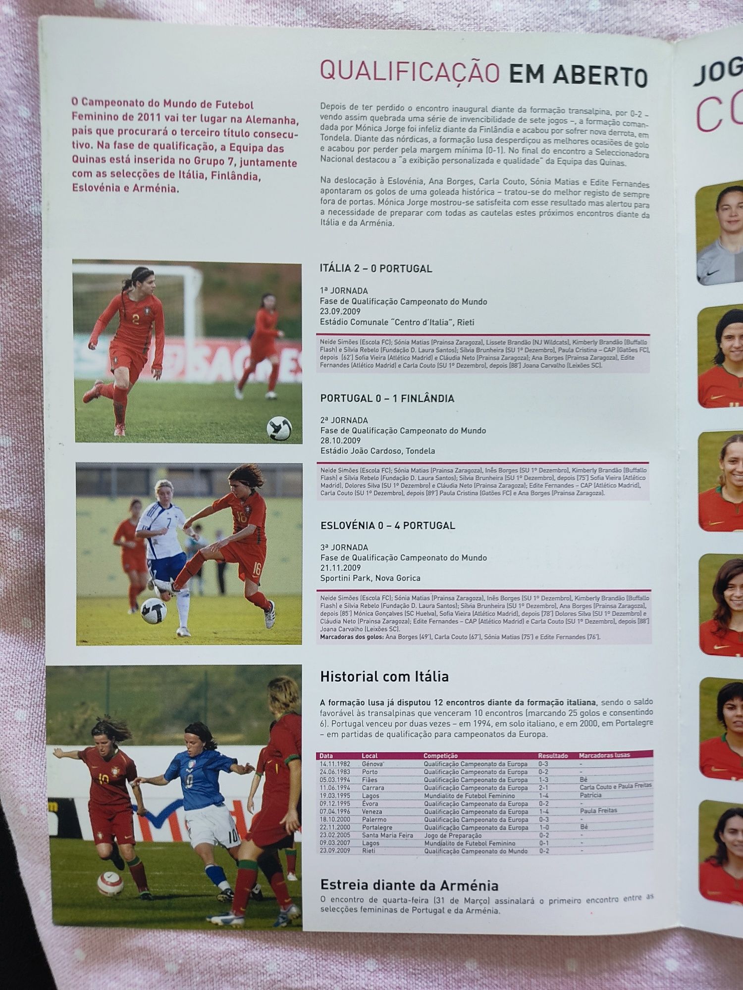 Programa Portugal Itália e Arménia futebol feminino 2010