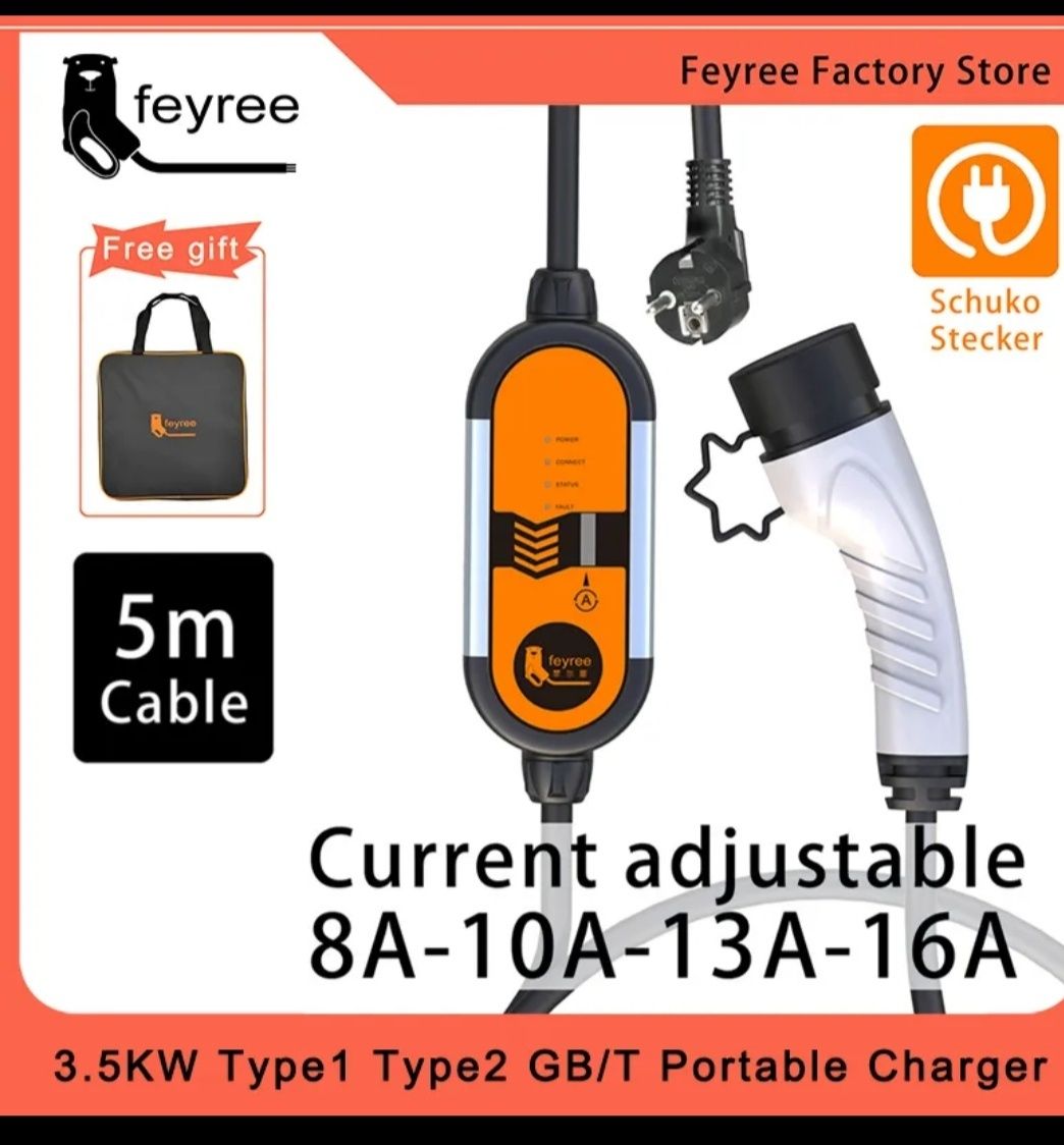 Зарядне feyree 5метрів для електромобілів type 2(Європа) 8-16a+сумка
