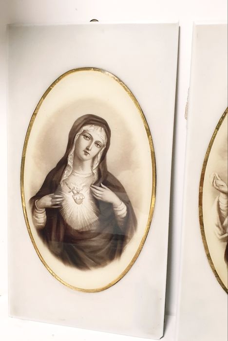 Par de grandes antigas imagens Sagrado Coração Maria e Jesus