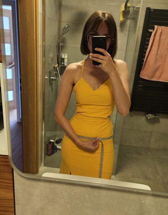 Żółta musztardowa letnia midi długa podpasowana sukienka M