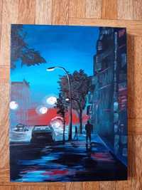 obraz ręcznie malowany na płótnie akryl nocna uliczka