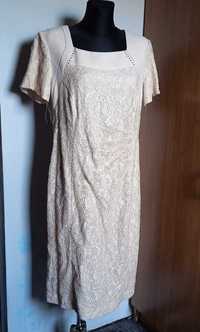 Elegancka sukienka beżowa koronka r. 46