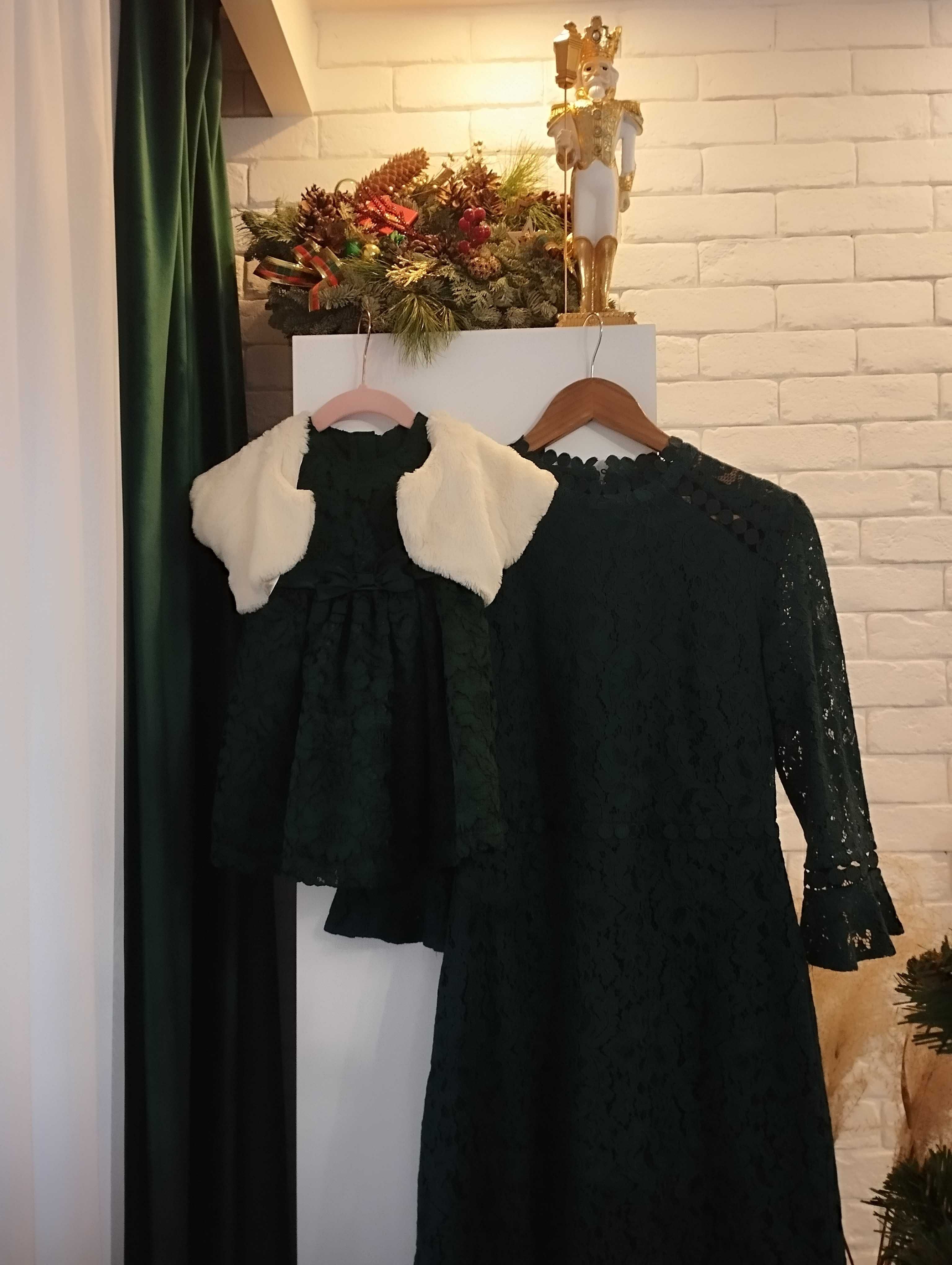 Oasis Sukienki mama  córka r 80/86 a r 40/42 koronka butelkowa zieleń