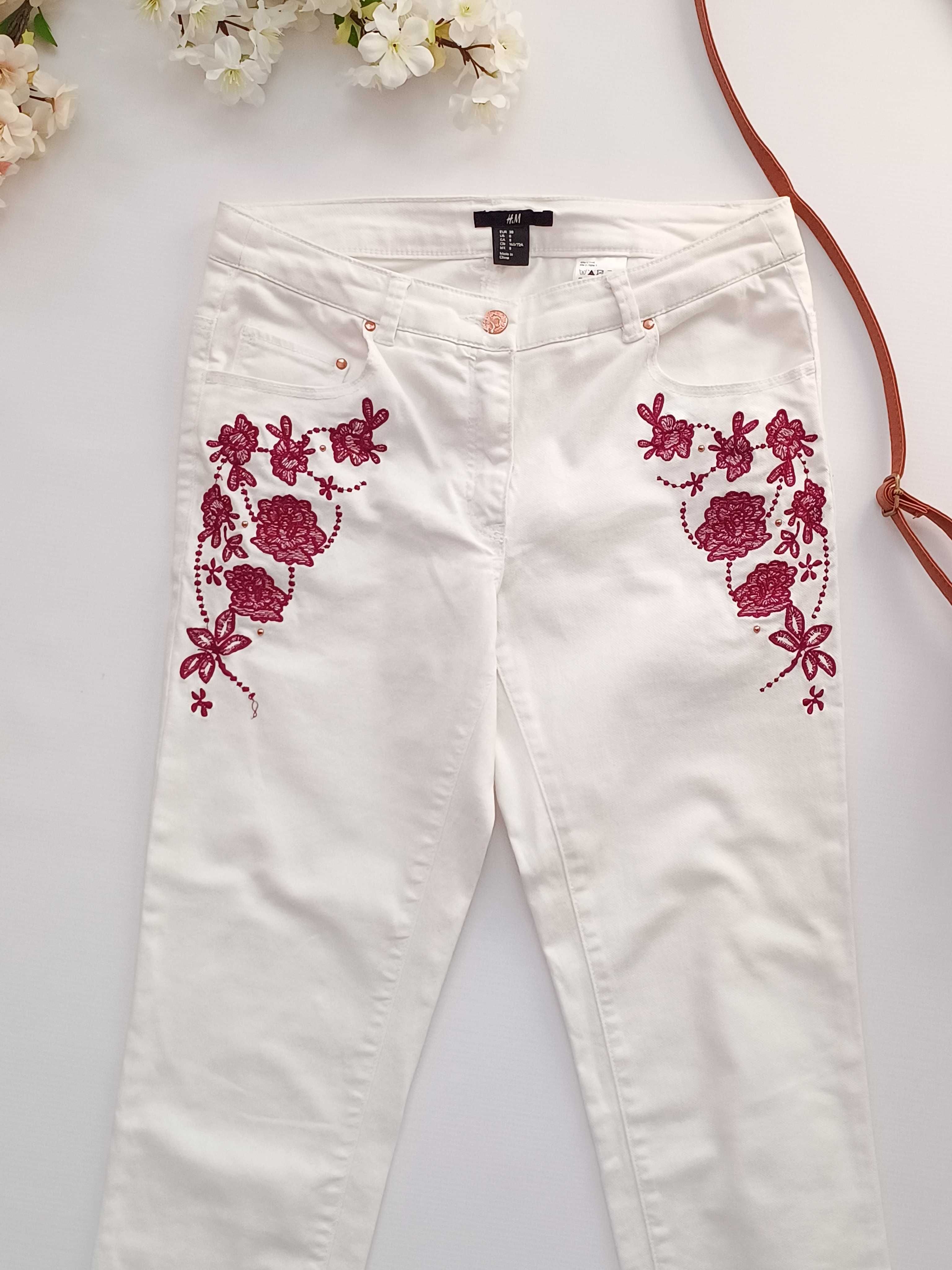 Białe spodnie jeansy do kostek skinny z haftem bawełniane H&M 38 M