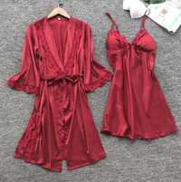 Seksowny komplet nocny czerwony burgundowy piżama