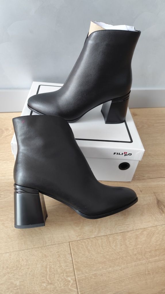 Nowe botki eleganckie czarne obcas skóra naturalna Filippo 39