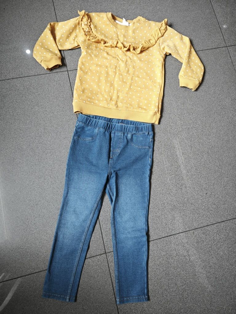 Komplet tregginsy legginsy jeans jeansowe bluza falbanki H&M 98