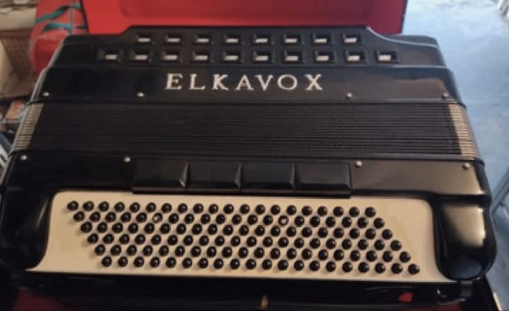 Acordeao Elkavox acustico e eletronico 120baixos, registos