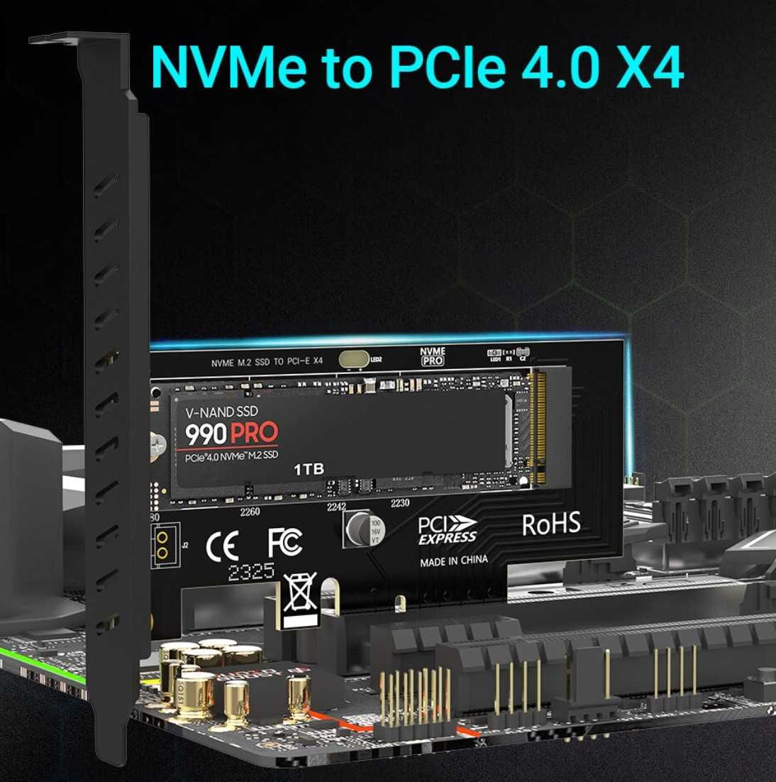 Переходник JEYI M.2 NVME to PCIe 4.0 X4 и NVMe/NGFF (M.2 SATA) 64Gbps