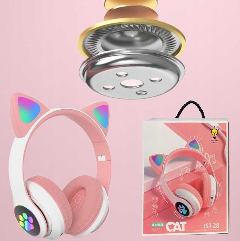 Słuchawki Nauszne Dla Dzieci Bluetooth LED RGB Kocie Uszy Różowe