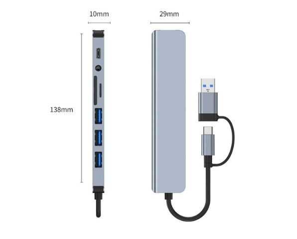 USB хаб 2218TU C/Type A 8 в 1 алюмінієвий hub картрідер аудіо