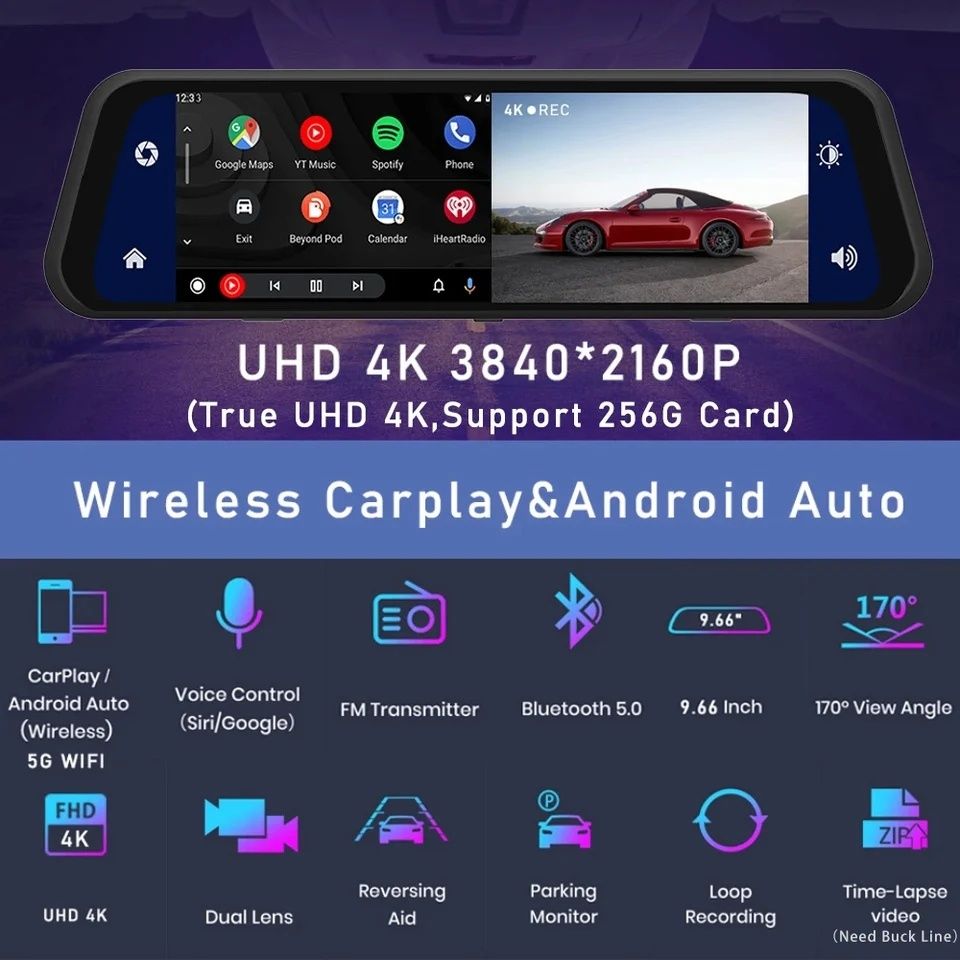 Wideorejestrator 4k/ kamera cofania/ nawigacja/ carplay/ Android auto