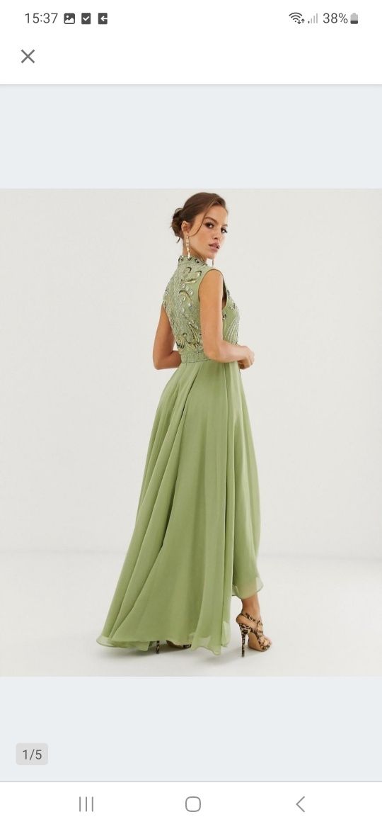 Nowa sukienka maxi zielona z kryształkami cekinami rozkloszowana 36