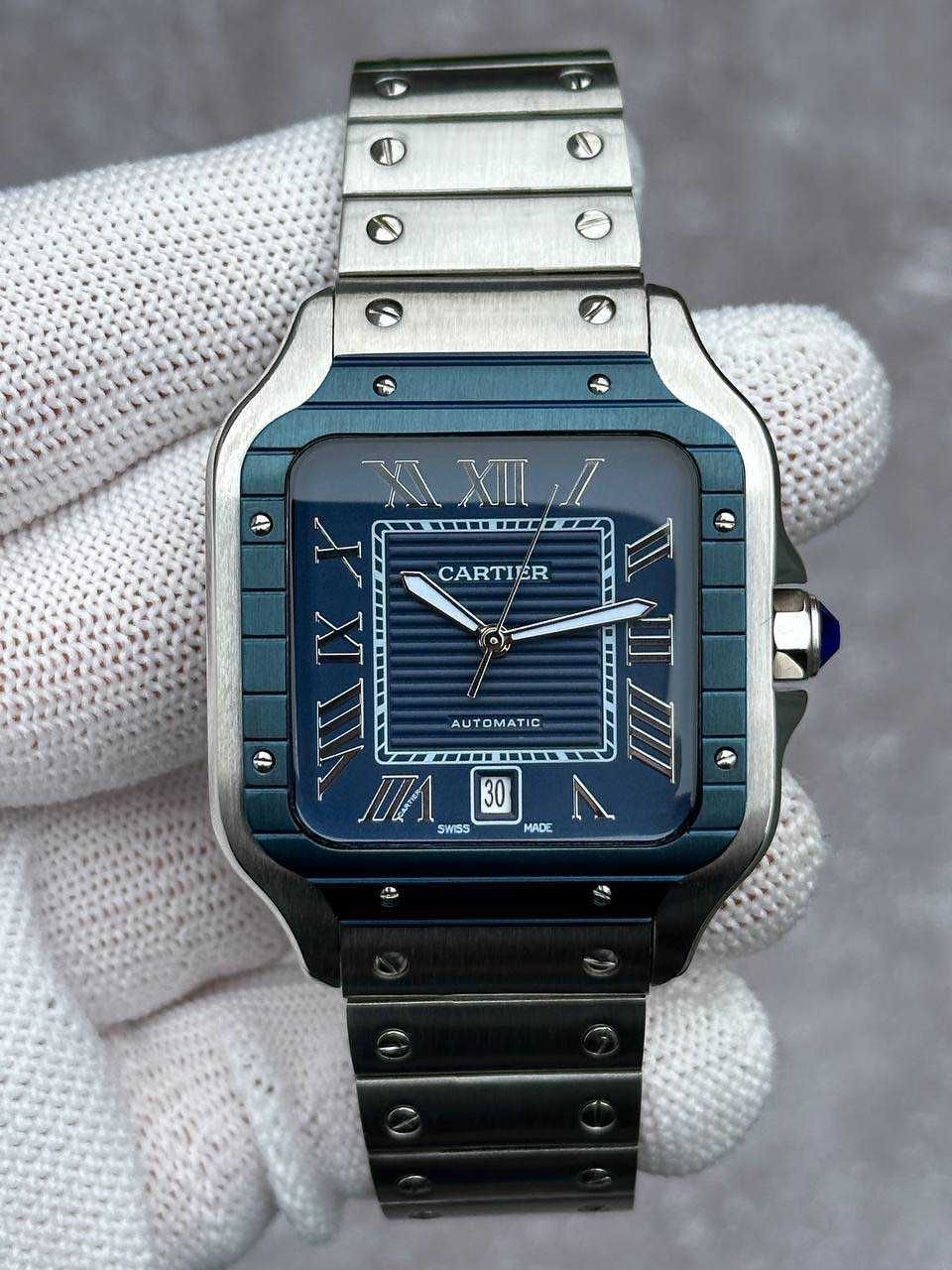 Швейцарские часы Cartier Santos Silver-Blue Classic. Топ качество