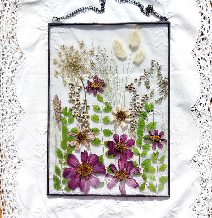 Witraż, dekor z suszonych kwiatów, prezent