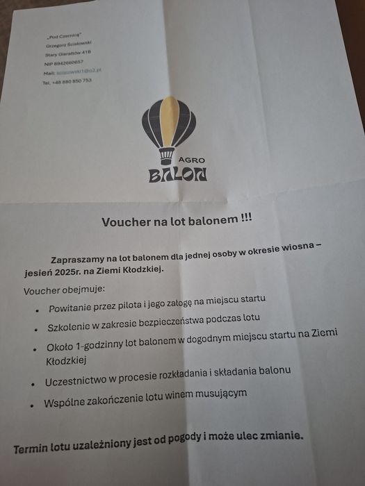 Voucher na lot balonem