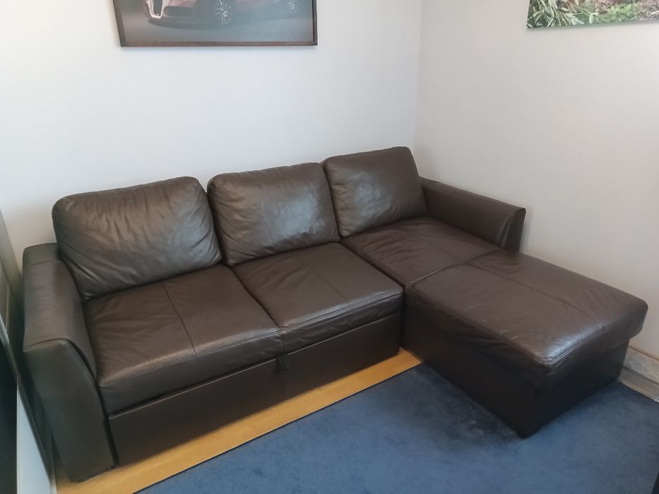 Łóżko Narożnik skórzany z funkcją spania Pojemnik na pościel