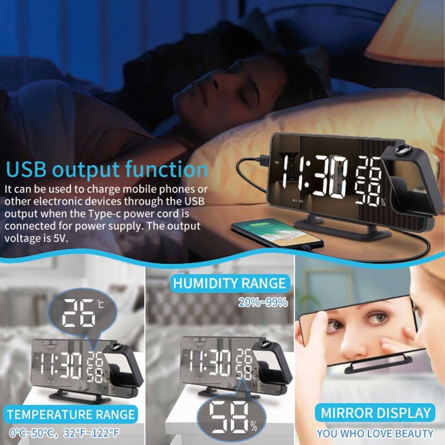 Cyfrowy zegar projekcyjny, radio FM, budzik, port USB – LED lustro