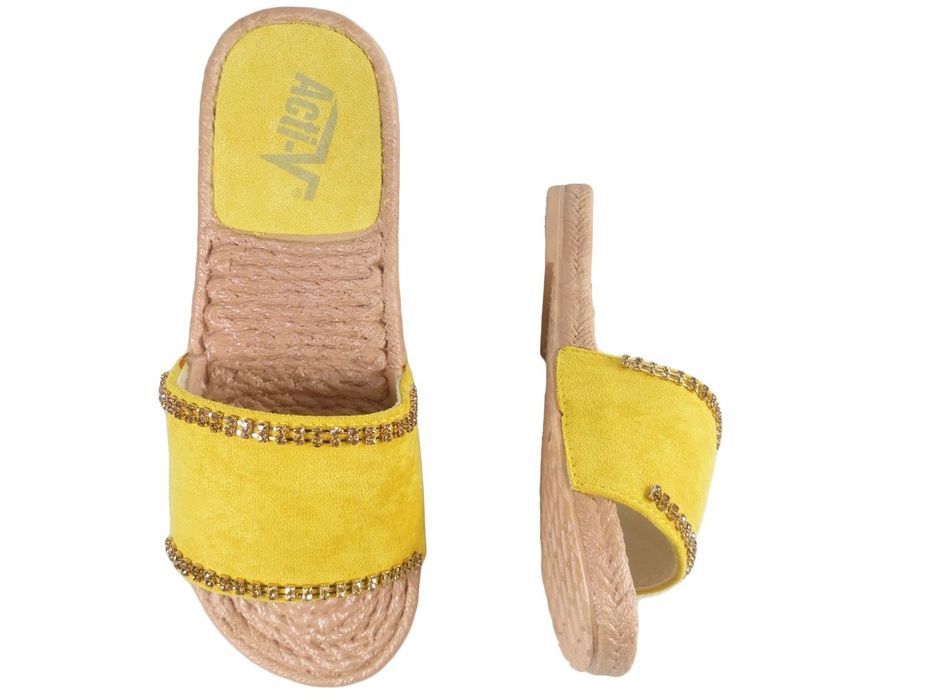 Żółte klapki damskie z cyrkoniami płaskie buty 36