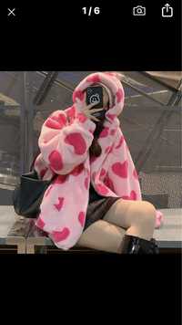 Оверсайз кофта с сердечками , плюшевая куртка в стиле Харадзюку, аниме