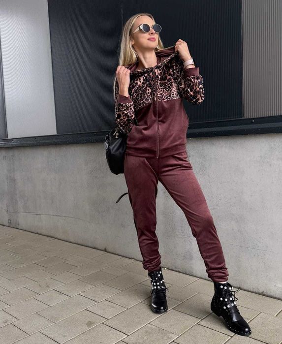 Dresy damskie welurowe w panterkę spodnie + bluza brązowe r.S wys.24h