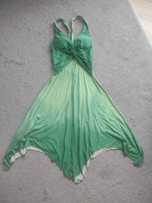 Zielona letnia sukienka Riverisland roz 8, wycięte plecy, asymetryczna