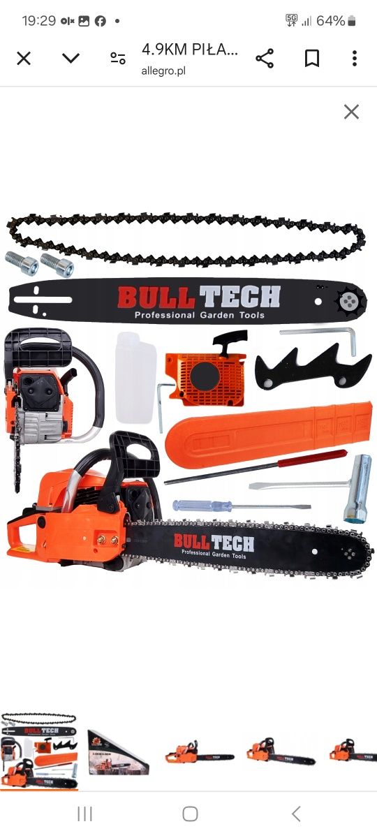Piła spalinowa BULL TECH 2x łańcuch 2x prowadnica plus 2x starter najw