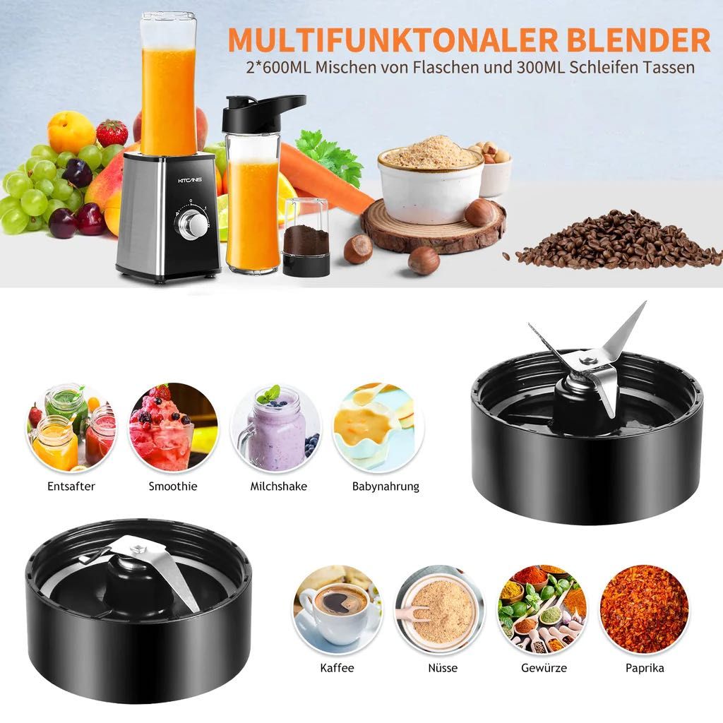KITCANIS Blender mikser stojacy 3w1 600w z 2 butelkami 600ml