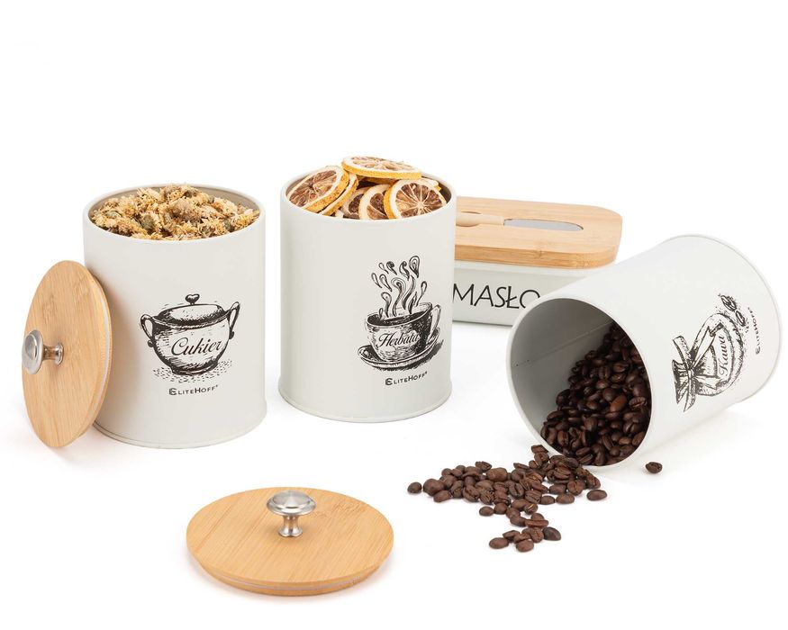 Biały Zestaw 3 Pojemników Kawa Herbata Cukier Stalowa maselniczka Nóż