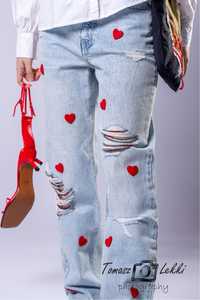 Jeansy,  "HEART LOVE" Kolekcja odzieży ART ETNO MODERN