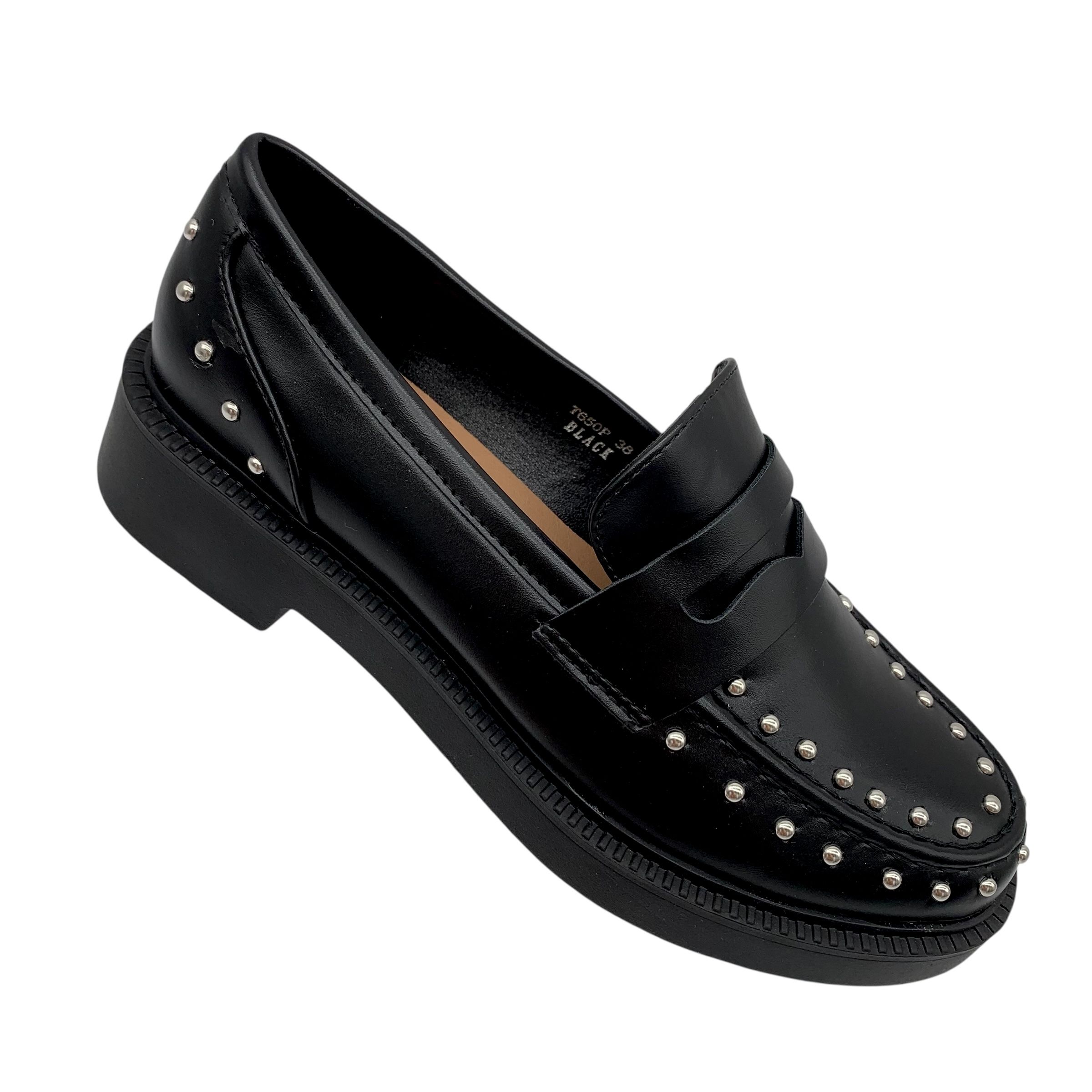 Mokasyny damskie eleganckie czarne z ćwiekami Wilma 39 wsuwane loafers