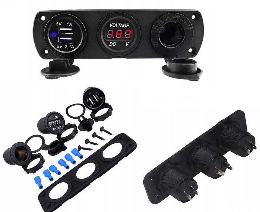 Ładowarka Gniazdo zapalniczki 12V 2x USB 5V Woltomierz motor auto