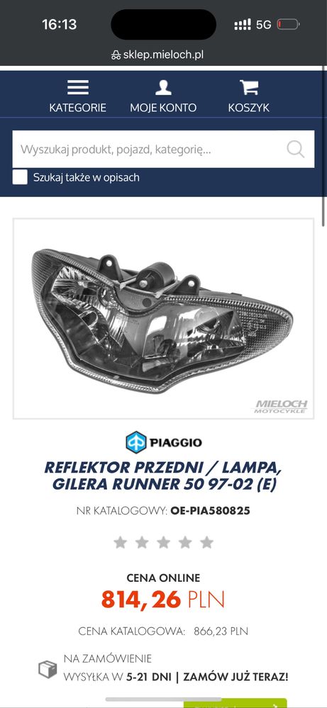 Gilera Runner 50/125/180 Nowa Lampa Reflektor Przedni N531