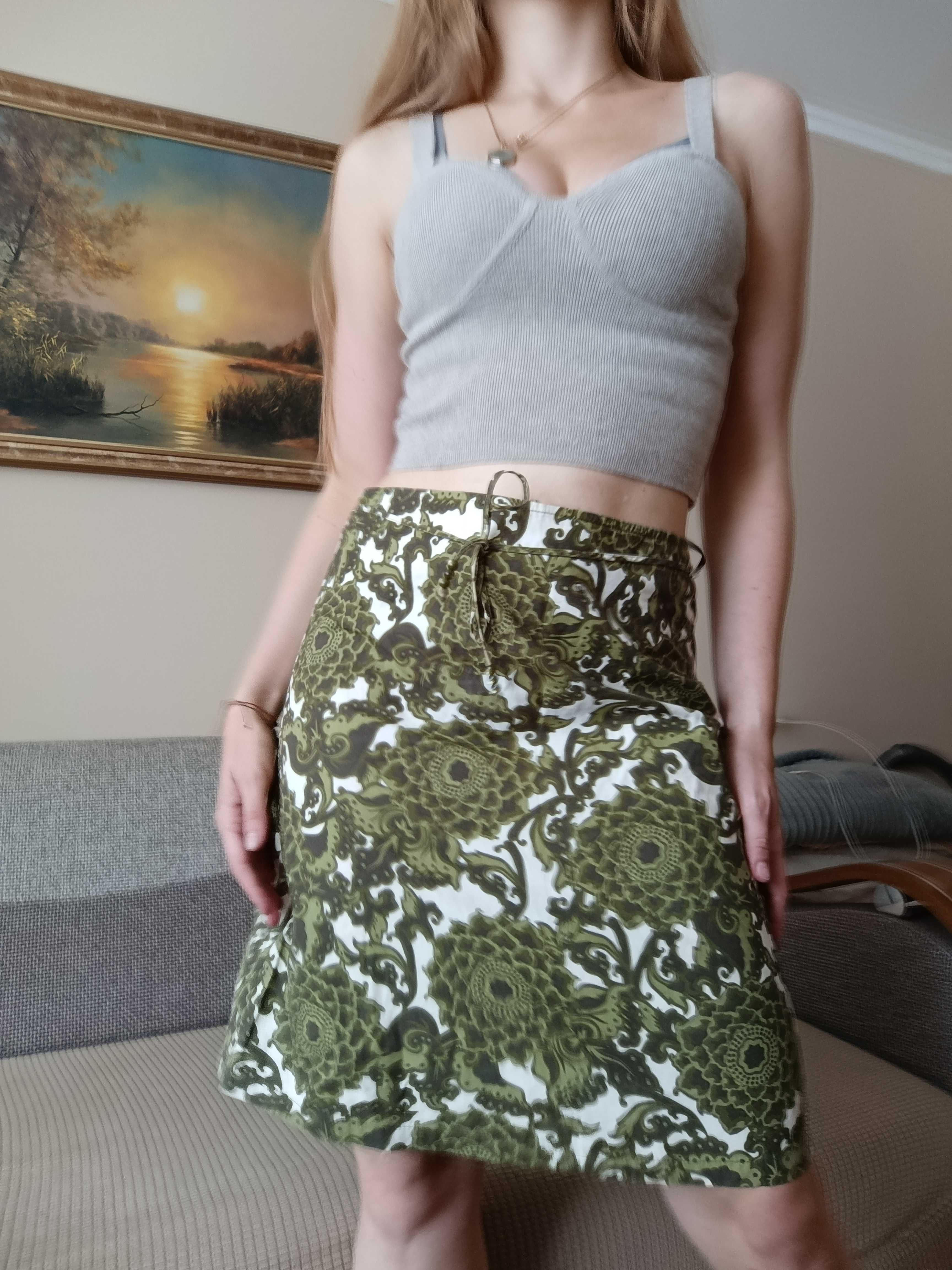 Spódnica low rise midi skirt y2k biała w zielone kwiaty wzory bluszcz