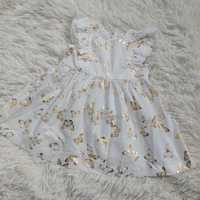 Biała sukieneczka w złote motylki 100% bawełna dla dziewczynki 80