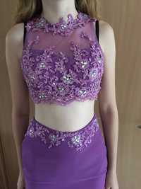 Sukienka suknia maxi długa fiolet rozporek tren top koronka żorżeta