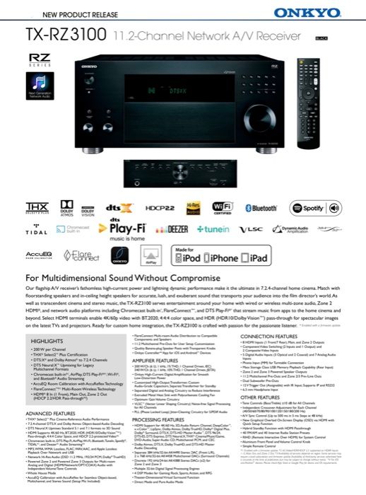 Onkyo Receiver TX-RZ 3100 4K Dolby Atmos DTS X com Factura e caixa