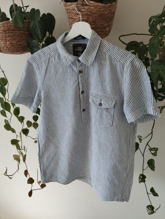 Wiosenna, letnia koszula w niebieskie prążki, krótki rękaw, kieszonka,