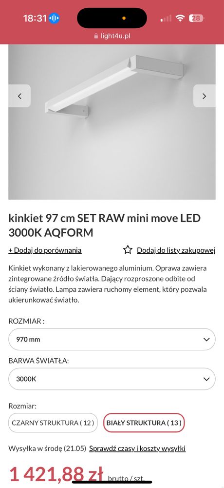 kinkiet 97 cm SET RAW mini move LED 3000K AQFORM