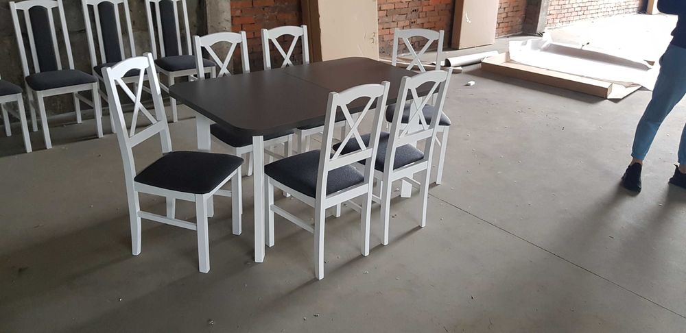 Nowe: STÓŁ 80x140/180 + 6 KRZESEŁ ,biały/blat grafit+grafit (krzyż}