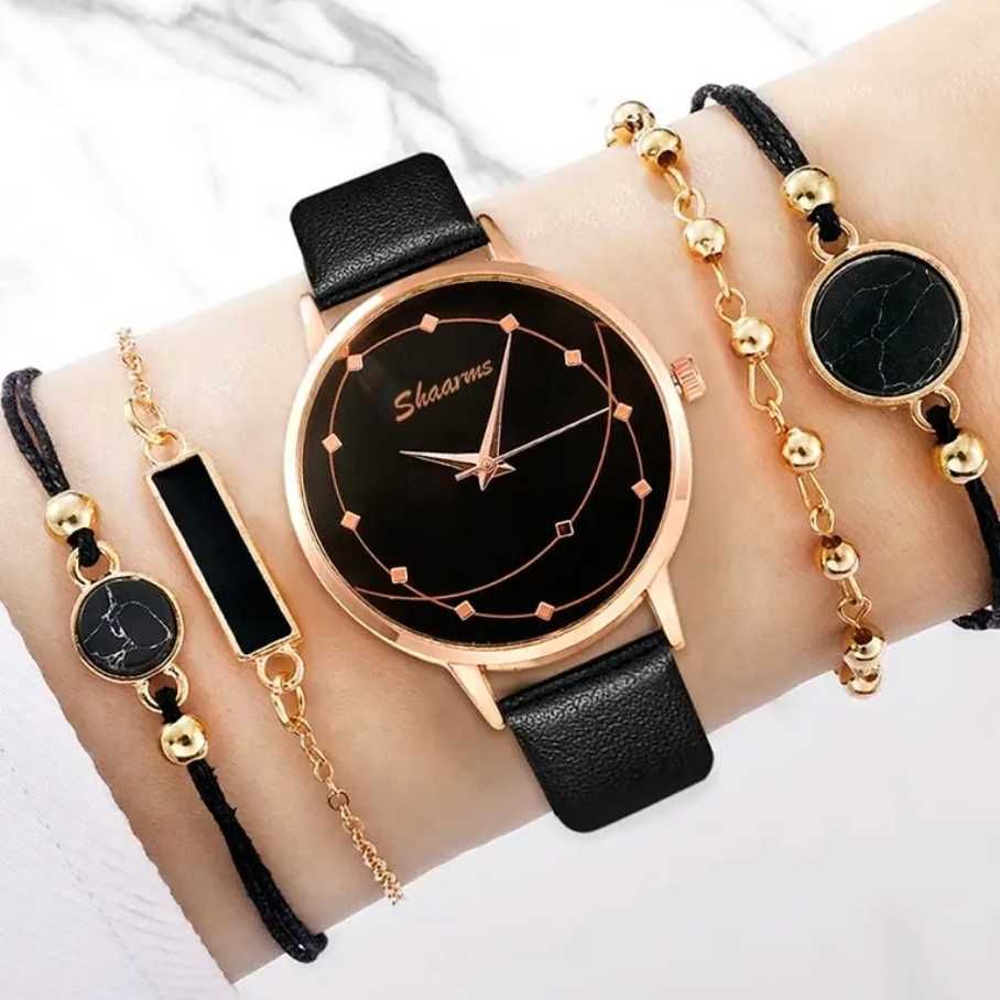 Zegarek damski analogowy 4 bransoletki dla kobiety złoty czarny