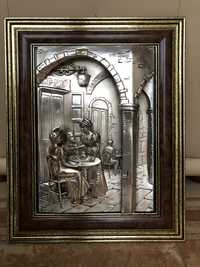 Włoski obraz „Kawiarnia” pokryty stebrem 925