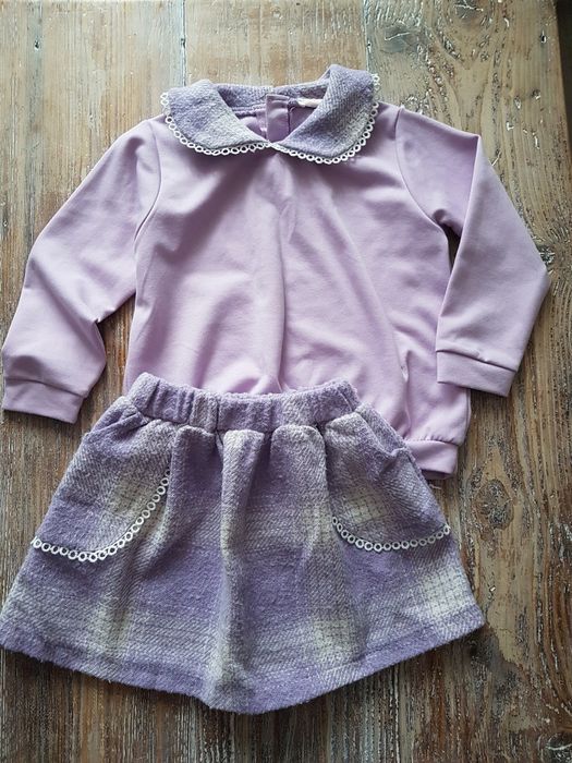 Komplet dla dziewczynki lila bluza kołnierzyk plus spodniczka retro104