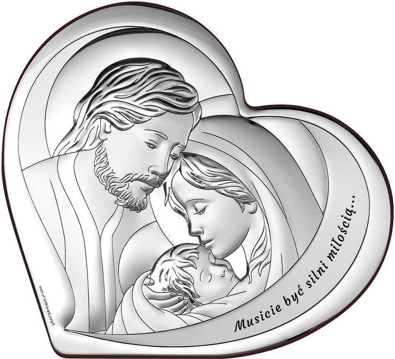 Srebrny Obrazek z Grawerem Święta Rodzina Serce Pamiątka Chrztu