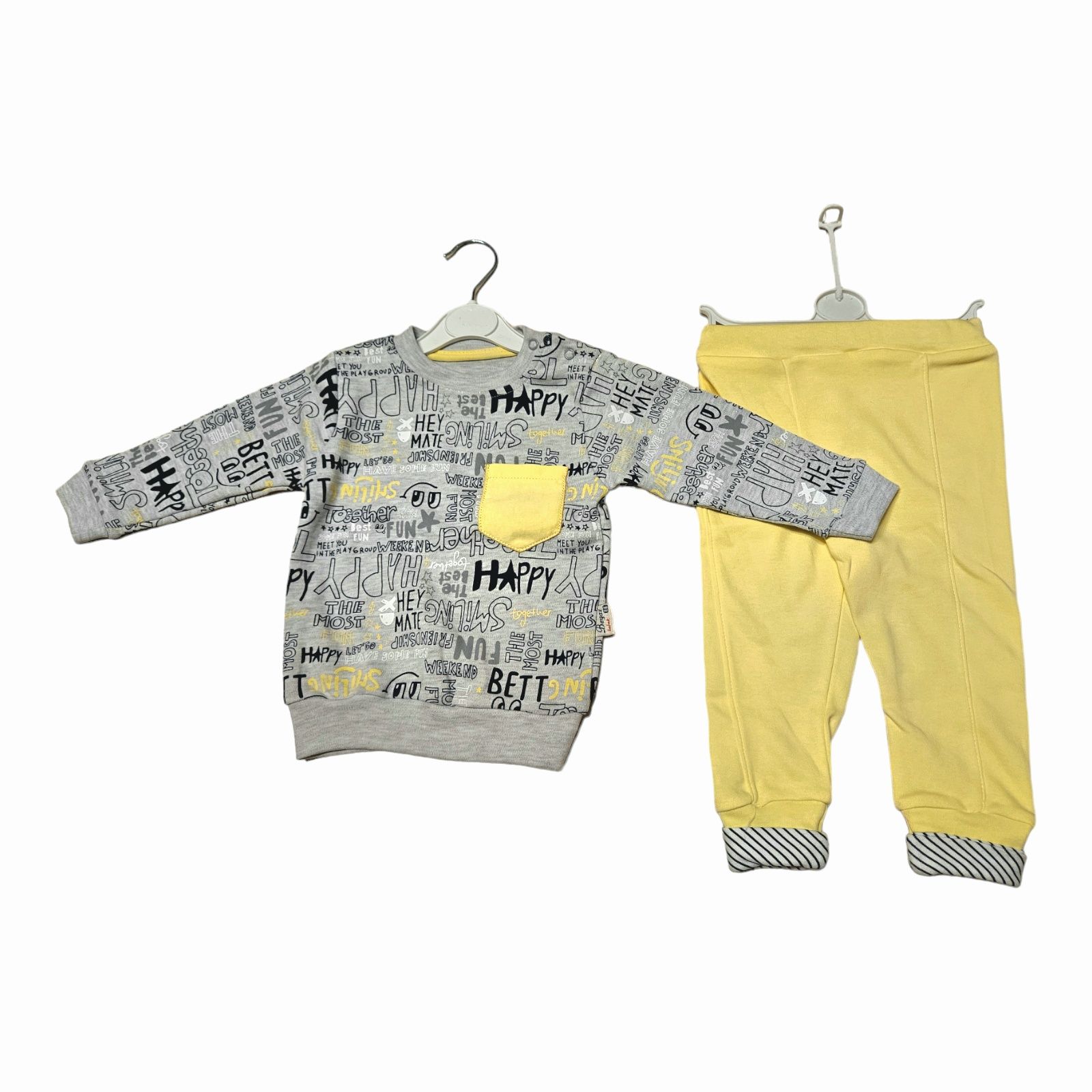 Bawełniany komplet x2, Kaftanik/Bluza+Spodnie, szary, żółty, 86