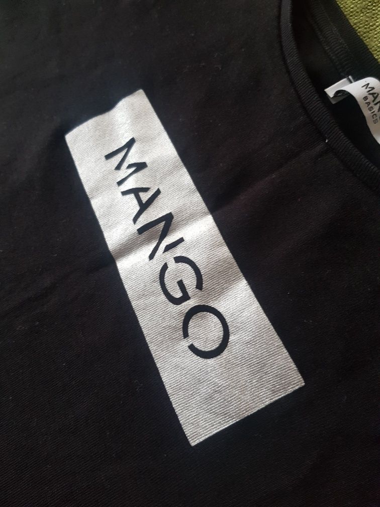 Czarny t-shirt klasyczny koszulka srebrny nadruk Mango M