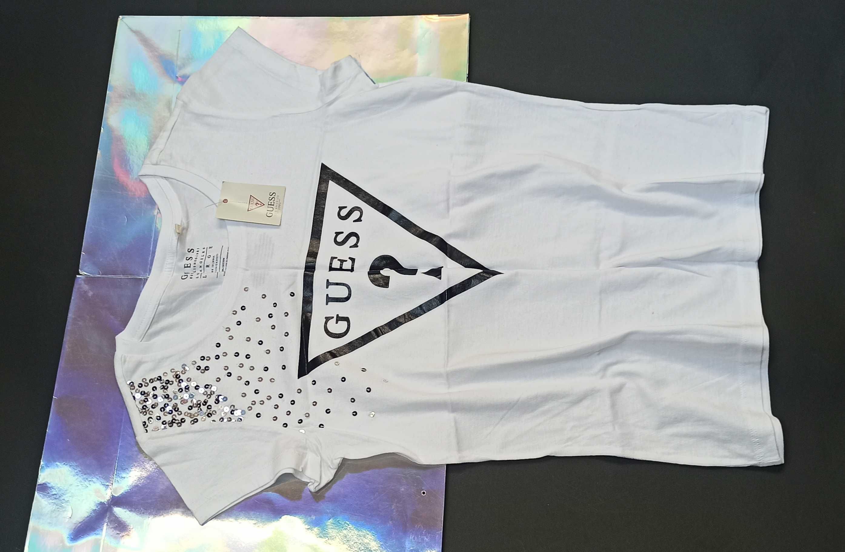 GUESS Oryginalna Koszulka T-Shirt Bluzka Sniezny Pyl Cekiny Confetti