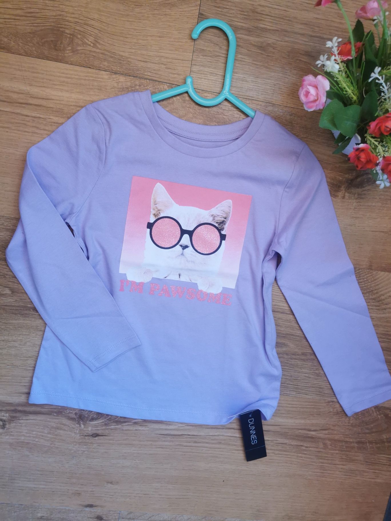 Nowa z metką liliowa bluzka Dunnes Stores z kotem okulary r. 116