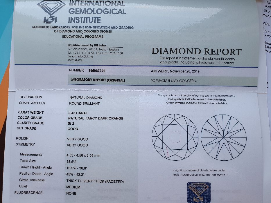 Diament Brylant 0,42 CT Bardzo rzadki UNIKAT Orange CERTYFIKAT IGI